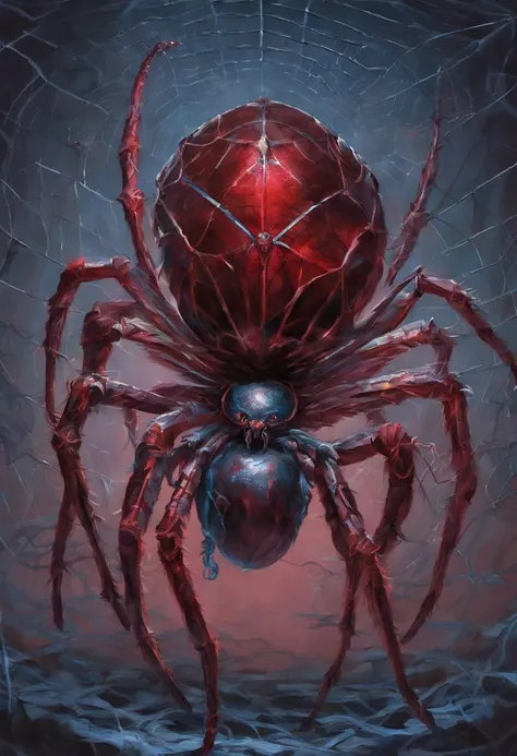 Huge spider with ruby ,Metallic who is in prison a warrior in a wire mesh and several small silver blues , Tyler Edlin Fantasy Art, Style artistique humblewood, Illustration High Fantasy, guerrier , Surprisingly detailed D & D art