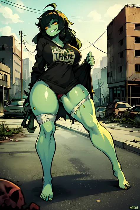 1zombie girl, light mint green skin, body stiches, abandoned town, black hair, yellow eyes, ripped clothes, smug