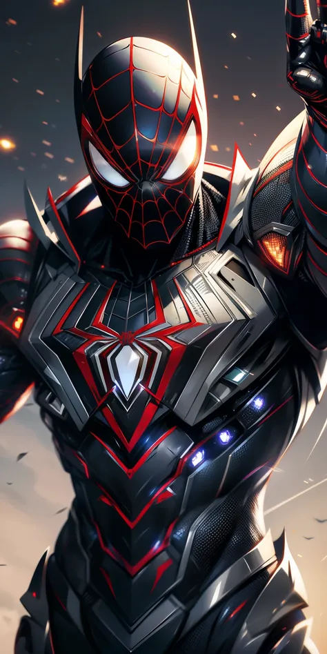 spider-man cyborg" he wears a metallic mesh suit with an electronic circuit spider emblem. his mask has a digital visor and meta...