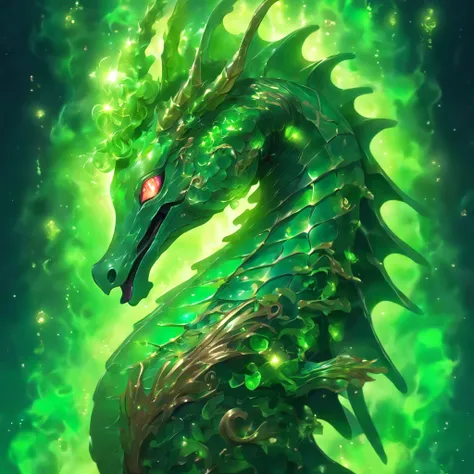 Alien Seahorse, green in color with face tendrils, glowing vivid green eyes, and bronze and copper armor, Masterpiece, Best Quality