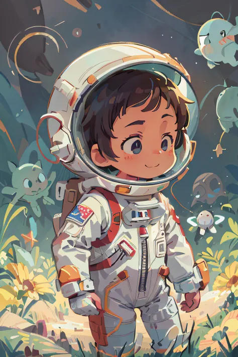 Cartoon illustration of a boy in a space suit, arte digital detalhada bonito, Portrait anime space, astronauta,, a beautiful artwork illustration, cosmonauta, caminhada espacial, astronauta a detalhado, Boy in space, arte bonito do adesivo do astronauta a,...