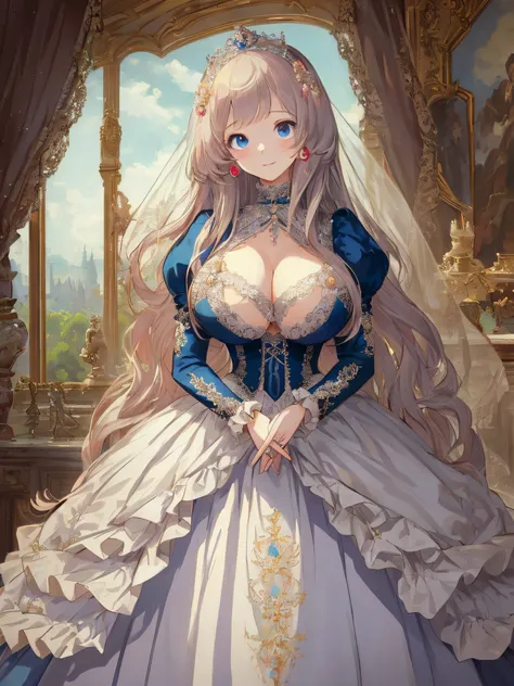 ((anime artstyle)),(Masterpiece),(Best Quality), (Super Detail),((Very Delicate and Beautiful)),1 girl,((full body portrait)),standing in palace of versailles,((solo)),cute,kawaii,digital art,(((1 princess in gorgeous princess rococo ballgown with volumino...