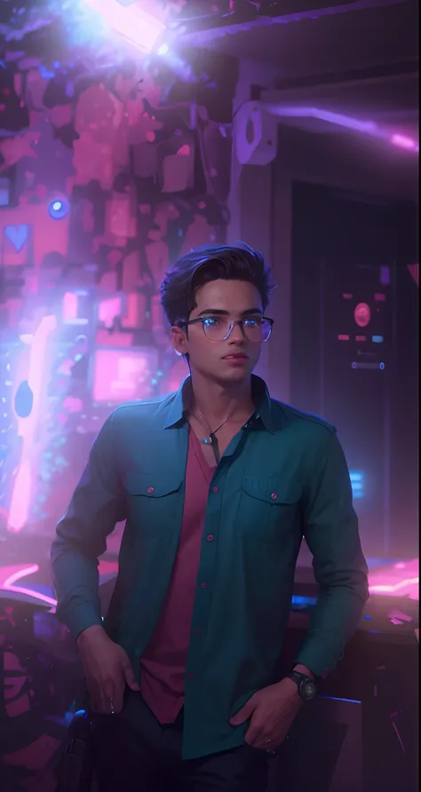 smart boy,neon background, realistic,8k