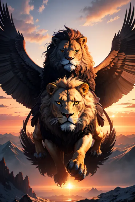 create a being with the head and wings of a large eagle and the body of a lion, fierce eyes, large claws, with three tails, realistic image, sunset, on top of a mountain