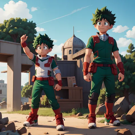 midoriya izuku, in stand, in hero pose.