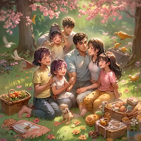 (a happy family in a picnic garden),(riamu as a motherly figure),(riamu and her husband spending quality time),(a couple enjoyin...