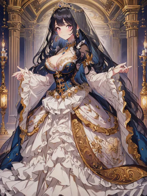 ((anime artstyle)),(Masterpiece),(Best Quality), (Super Detail),((Very Delicate and Beautiful)),1 girl,((full body portrait)),standing in palace of versailles,((solo)),cute,kawaii,digital art,(((1 princess in gorgeous princess rococo ballgown with volumino...