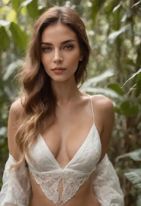 In a captivating jungle setting, A close-up photo captures the charm of an incredibly beautiful fitness girl. Ella se para con el pelo rubio suelto, adornado con delicadas enredaderas, Disfrutando del resplandor radiante del sol. The scene is vivid and ric...