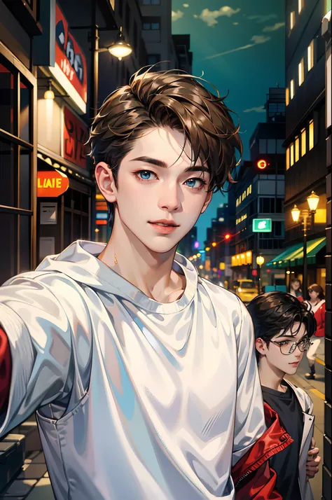 (absurdres, highres, ultra detailed, HDR), masterpiece, best quality, 1boy, handsome, short hair, finely eye and detailed face, (white t-shirt), (red jacket), dimple, night street, night city, midnight, selfie shot, light smile