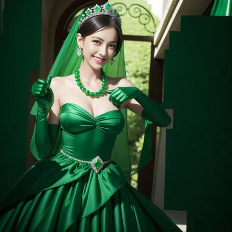 emerald tiara, Green Pearl Necklace, Boyish very short green hair, lipsticks, Japan woman smiling, very short short hair, big breasts beautiful, Green eyes, Long green gloves made of satin material, Green eyes, Emerald Earrings, Green dress