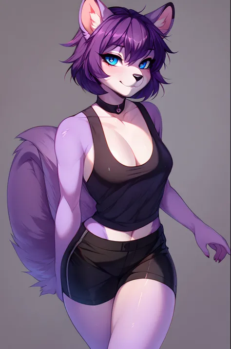 Solo:1.3, by fumiko, by hyattlen, by claweddrip, a purple anthro furry squirrel girl, cute squirrel tail, purple furry body, short violet hair, purple flufffy squirrel ears, cute snout, black nose, blue eyes, wearing black shorts, black tank top, barefoot,...