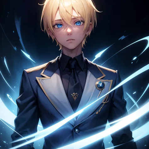 blonde hair, Blue Eyes, a boy, dark background, mysterious lighting, digital art style, intense colors, glowing eyes, (best quality, highres), (school uniform),