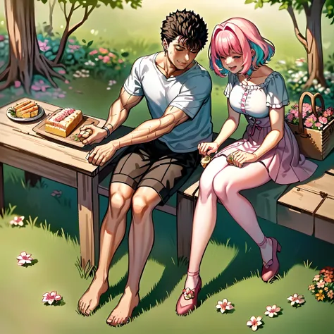 (a happy family in a picnic garden),(riamu as a motherly figure),(riamu and her husband spending quality time),(a couple enjoying the outdoors),(riamus children playing and having fun),(guts as a loving and caring father),(a loving husband and wife),(riamu...