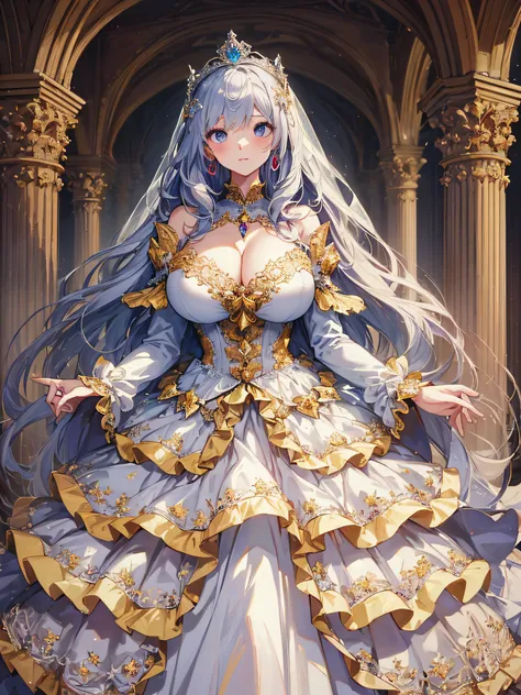 ((anime artstyle)),(Masterpiece),(Best Quality), (Super Detail),((Very Delicate and Beautiful)),cinematic lighting,1 girl,(((full body portrait))),standing in palace,((solo)),digital art,(((1 princess in gorgeous princess rococo ballgown with voluminous fu...