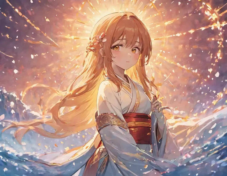 asuna, masterpiece, best quality, detailed, (1girl), solo, detailed golden eyes, long hair, standing, close to viewer, (detailed kimono), light smile, medium breasts,  (arms behind back), water, sunset, (hair ornament), (Sakura bloom),  snow mountain lake ...