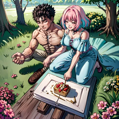 (a happy family in a picnic garden),(riamu as a motherly figure),(riamu and her husband spending quality time),(a couple enjoying the outdoors),(riamus children playing and having fun),(guts as a loving and caring father),(a loving husband and wife),(riamu...