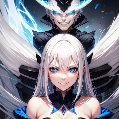 white hair, Blue Eyes, evil smile, women,