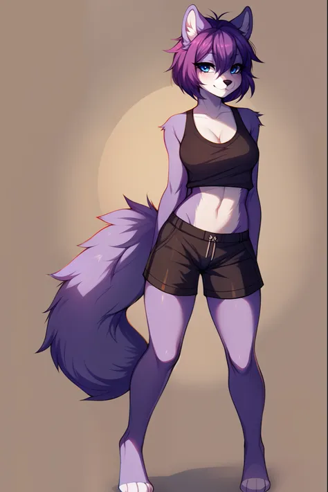 Solo:1.3, by fumiko, by hyattlen, by claweddrip, a purple anthro furry squirrel girl, purple furry body, short violet hair, purple flufffy squirrel ears, cute snout, black nose, blue eyes, wearing black shorts, black tank top, barefoot, 4 toes, standing, n...