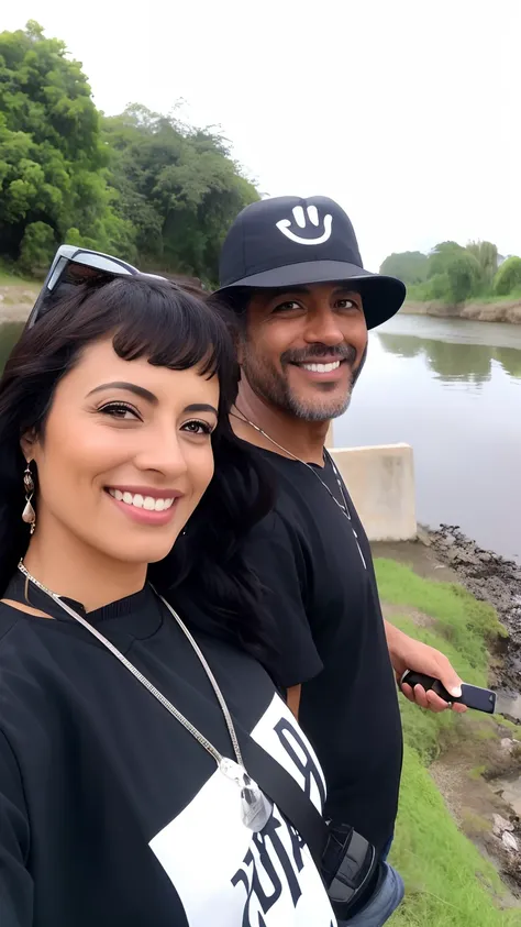 Smiling couple taking selfie with camera near river ,manter a aparecia real deles ,idade de 30 anos , flying fish and also a Mars climate ,salvador dali, 8k,obra prima detalhada