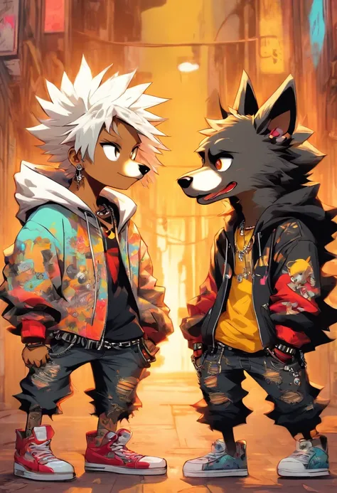 Two cool and trendy dogs talking to each other white hair, Yellow eyes, Wear trendy hip-hop clothes, Wearing a hoodie, Graphic T-shirt and ripped jeans, Lots of tattoos and piercings, Doodle style background, Highly detailed background, perfect masterpiece...