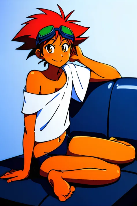 beautiful, masterpiece, simple background, best quality, Edward, tomboy, tan skin, orange hair, spiked hair, brown eyes, goggles on head, midriff, white shirt, loose shirt, off shoulder, barefoot, bike shorts, detailled image, colorfull, vibrant colors, si...