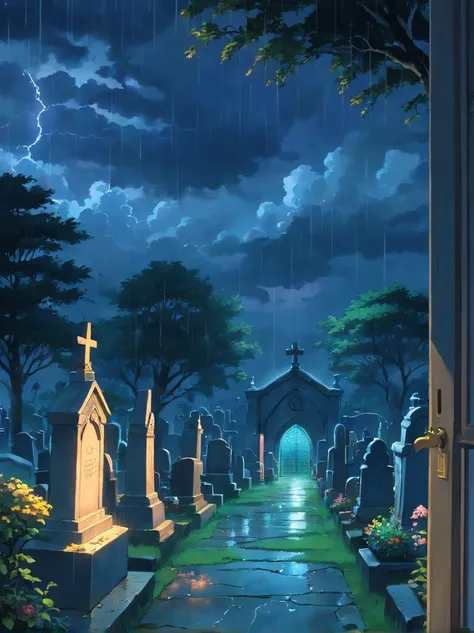 no people, no person, no human, window view of graveyard at night, rain, night, cemetery, storm, storming, dramatic clouds, absurdres, high res, ultrasharp, 8K, masterpiece, blurry foreground