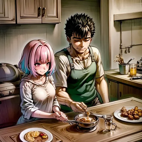 riamu yumemi,guts,couple,husband and wife,riamu motherly,house wife,cooking,mother and son,children,family,happy,(best quality,4k,8k,highres,masterpiece:1.2),ultra-detailed,(photo1.37),joyful,loving,embrace,adorable,cheerful,blissful,togetherness,warmth,sm...