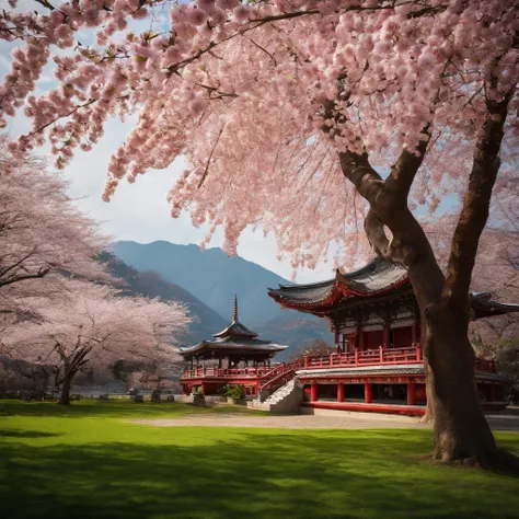 of a peaceful temple, surrounded by cherry blossom trees。