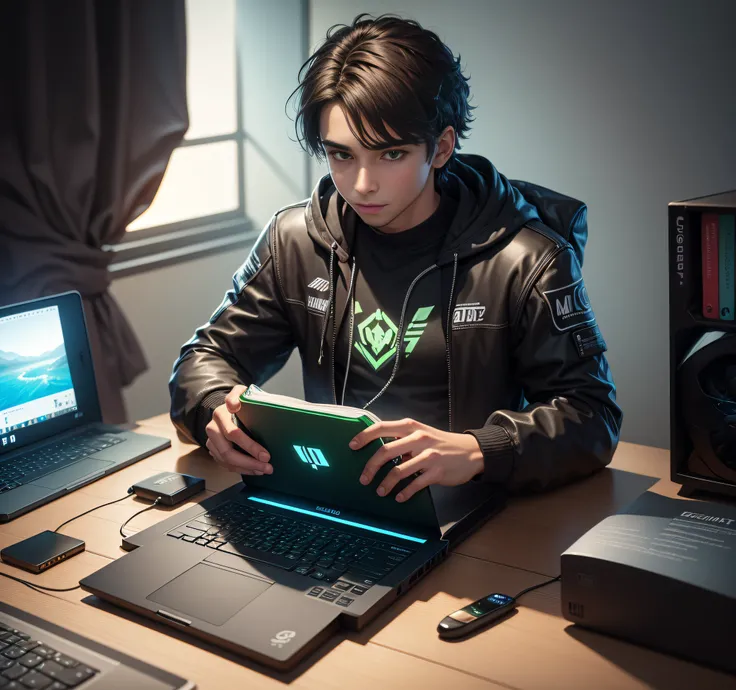 garoto focado em estudar em sua mesa de estudo no seu pc com led gamer com livros em cima da mesa