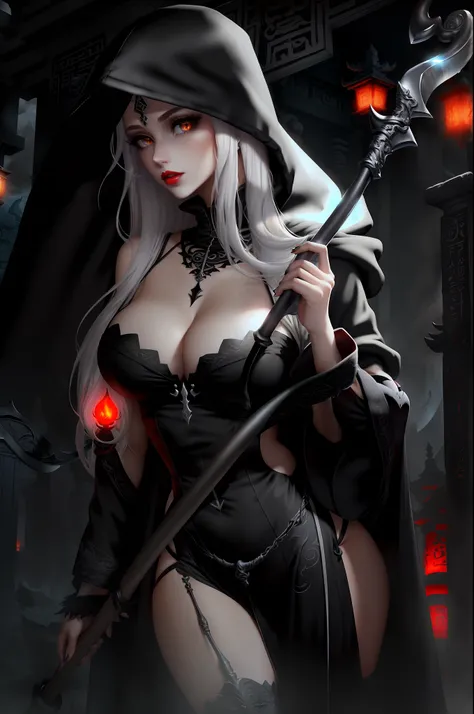 ((Beautiful goddess of death))(she has big glowing yellow eyes)(white pale skin)(red lips) (very long straight platinum hair)((very huge breasts)) (perfect slim body) (she wears, black hood, black long sexy robe and long black stockings)(hold on hand a gia...