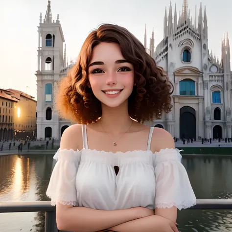 An Italian girl with brown hair and curly hair is smiling confidently in front of the Duomo of Milan