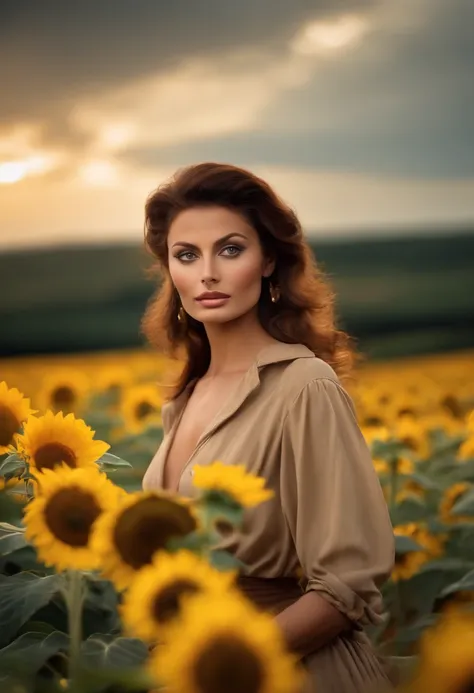 photo of beautiful young woman Sophia Loren 1970s in a sunflower field, in a skirt and top posing for a photo, Sexy girl, lovely woman, pretty woman, beautiful woman, stunning woman, casual pose, beautiful girl , attractive girl, sexy look, pretty girl, be...