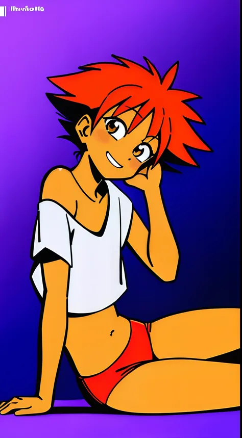 beautiful, masterpiece, simple background, best quality, Edward, tomboy, tan skin, orange hair, spiked hair, brown eyes, goggles on head, midriff, white shirt, loose shirt, off shoulder, barefoot, bike shorts, detailled image, colorfull, vibrant colors, si...