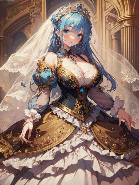 ((anime artstyle)),(Masterpiece),(Best Quality), (Super Detail),((Very Delicate and Beautiful)),cinematic lighting,1 girl,(((full body portrait))),standing in palace,((solo)),digital art,(((1 princess in gorgeous princess rococo ballgown with voluminous fu...