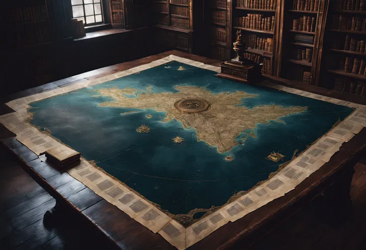 an ancient weathered map of (atlantis) sitting on a dusty black desk in a forgotten library, cobwebs, dramatic, dark, gloomy, sh...