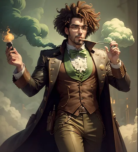 A bespectacled man with curly hair, tall, in steampunk attire, belching green smoke from his mouth and hands, walking in a steampunk setting.