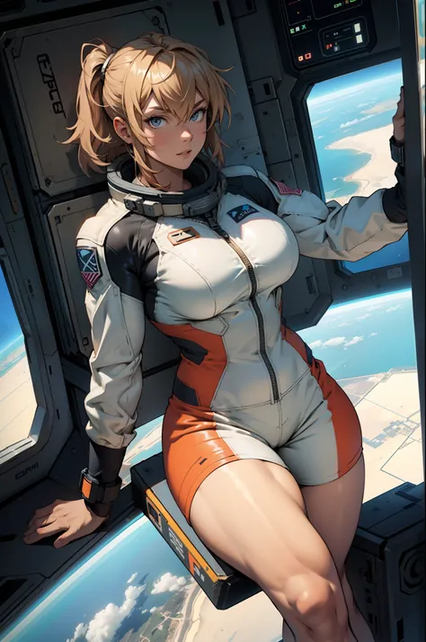 sandy hair muscular large breasts thick thighs pilot suit solo looking at viewer in the space station