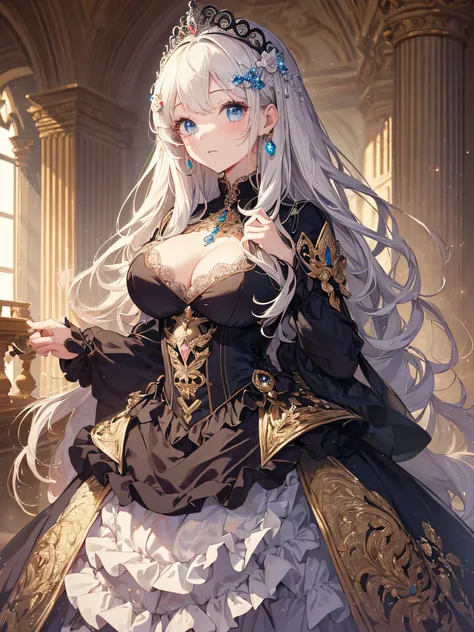 ((anime artstyle)),(Masterpiece),(Best Quality), (Super Detail),((Very Delicate and Beautiful)),cinematic lighting,1 girl,(((full body portrait))),standing in palace,((solo)),digital art,(((1 princess in gorgeous princess rococo ballgown with voluminous fu...