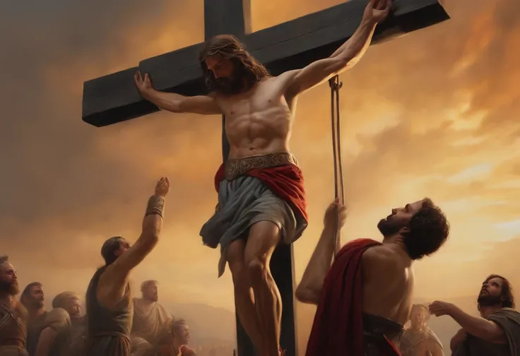 Please create an image of a man hanging on a cross, other than Jesus, an expression of suffering, with Roman soldiers around him, and people looking around, a scene seen from a middle distance, with details that refer to the historical environment. Ultrare...