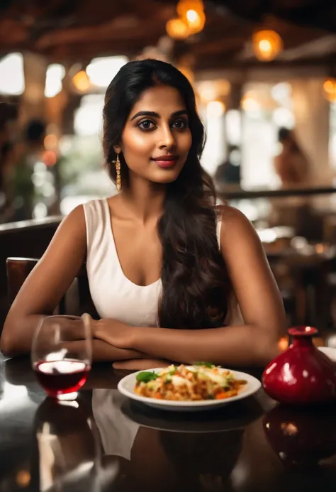 Indian woman sitting at a table in a restaurant with a glass of wine, gorgeous young Indian woman, beautiful young Indian woman, beautiful south indian woman, No background blur, overcast lighting, no cinematic lighting, round face, indian girl, beautiful ...