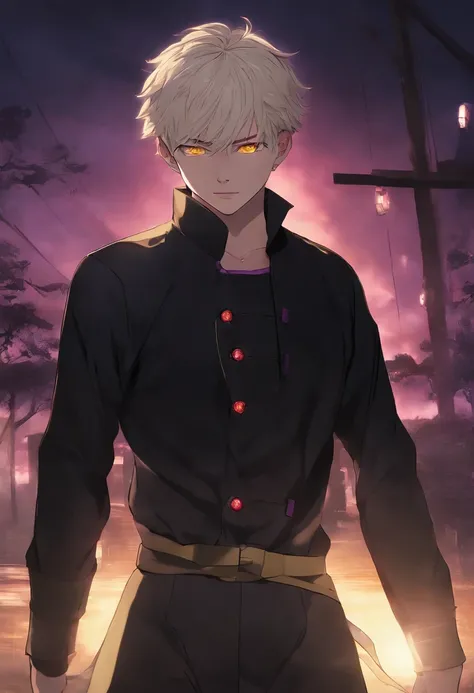 Short hair Messy black Red eyes pale skin athletic body many scars man 17 years old black clothing with purple lighting yellow buttons long sleeve jujutsu kaisen