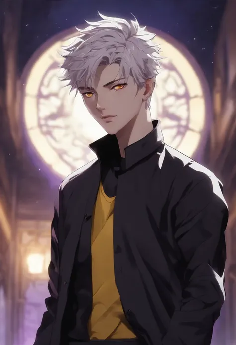 Short hair Messy black Red eyes pale skin athletic body many scars man 17 years old black clothing with purple lighting yellow buttons long sleeve jujutsu kaisen