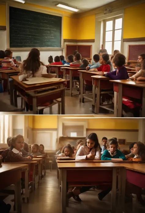 The setting is a classroom with the teacher in front of a blackboard. Students are seated, parecendo entediados.