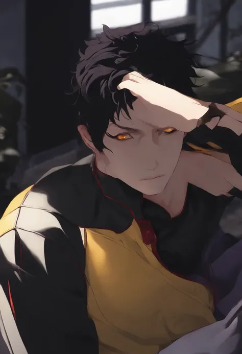 Short black hair messy Red eyes pale skin athletic body many scars man 17 years old black clothingyellow buttons long sleeve details purple manga style jujutsu kaisen