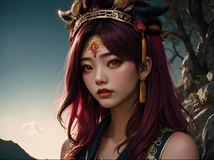 (close-up, editorial full color photograph of a ((Chinese Tibetan girl, flowing hair, burgundy hair, Onsen District, Yao Lang protector, python pattern robe, Black gold master Kawashima work ((headdress))))), (highly detailed face:1.4), gradient glass text...