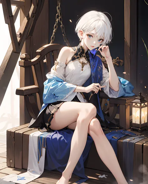 femele、sorcerer、skirt by the、chies、Light shines in、short-hair、white  hair、buttle、Tattered costume、beauty legs、bare-legged、dual