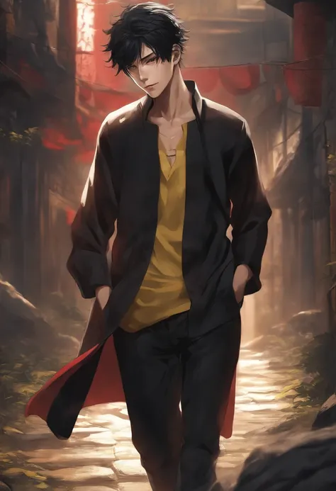 Short black hair messy Red eyes pale skin athletic body Many scars man 17 years old black clothing yellow buttons long sleeve manga style jujutsu kaisen