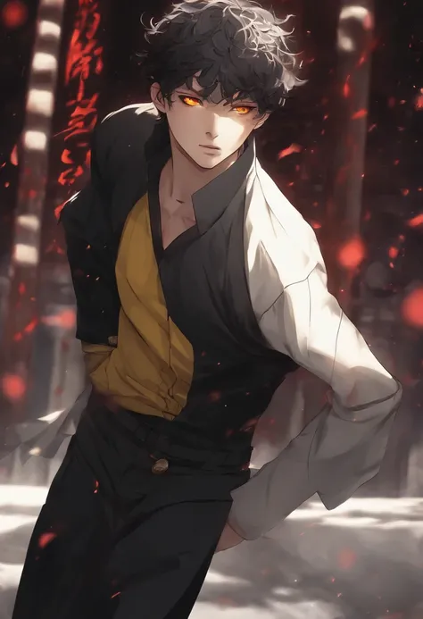 Short black hair messy Red eyes pale skin athletic body Many scars man 17 years old black clothing yellow buttons long sleeve manga style jujutsu kaisen