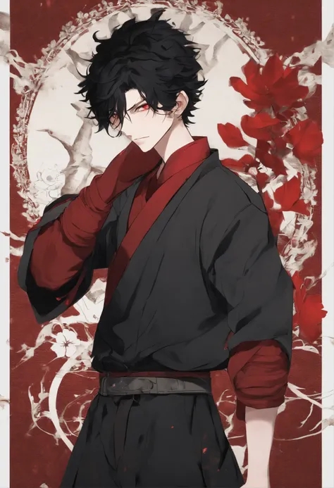 Messy short black hair Red eyes pale skin athletic body Many scars man 17 years old black clothing with buttons long sleeve style jujutsu kaisen