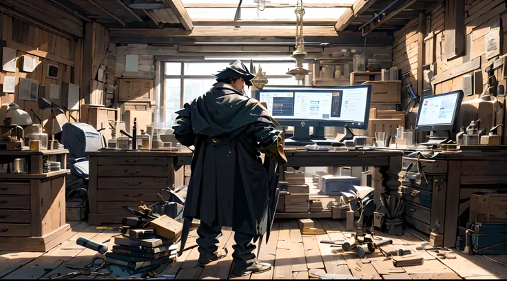 Por favor, Create an epic and realistic image depicting a skilled alchemist in control of a day trading room. O alquimista deve estar cercado por monitores de computador, Real-time financial charts, and subtle alchemical symbols embedded in the canvases. T...